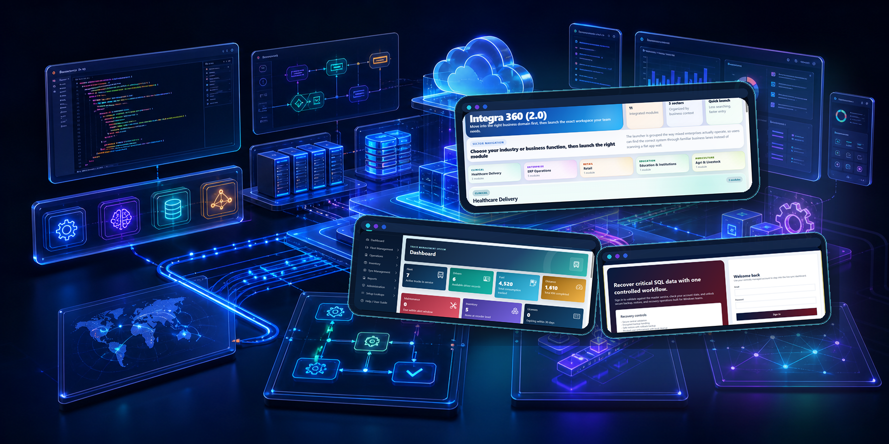 Colorful software architecture banner with i-360 product screenshots