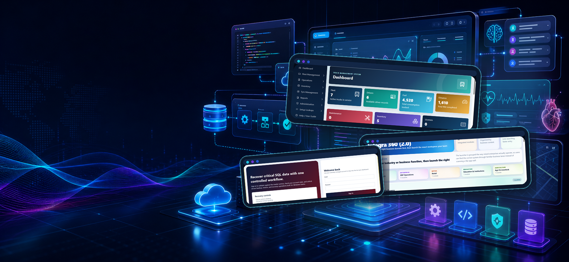 Colorful AI and software engineering banner with i-360 product screenshots